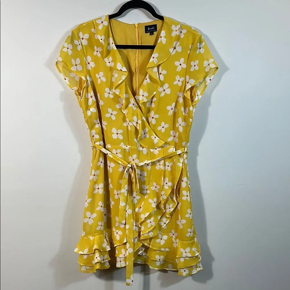 Bardot Abstract Daisy Mini Yellow Floral Ruffle Spring Tiered Dress Women 10
